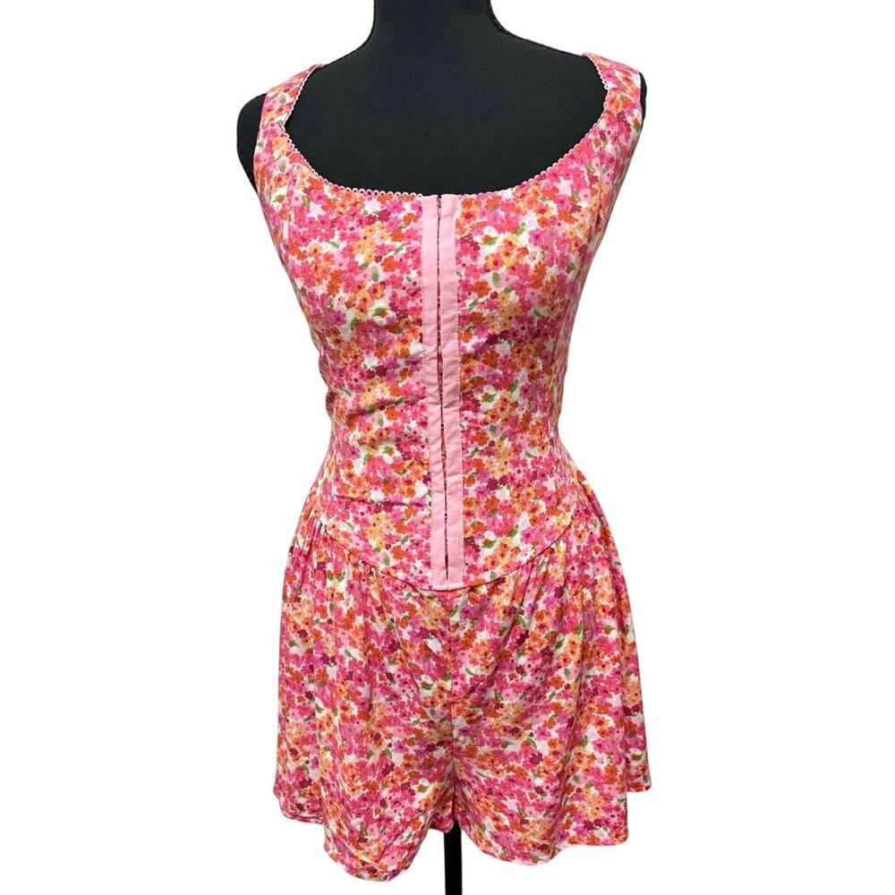 Wild Fable Pink Floral Corset Romper NWT Size L Smocked Tie Back Cottagecore